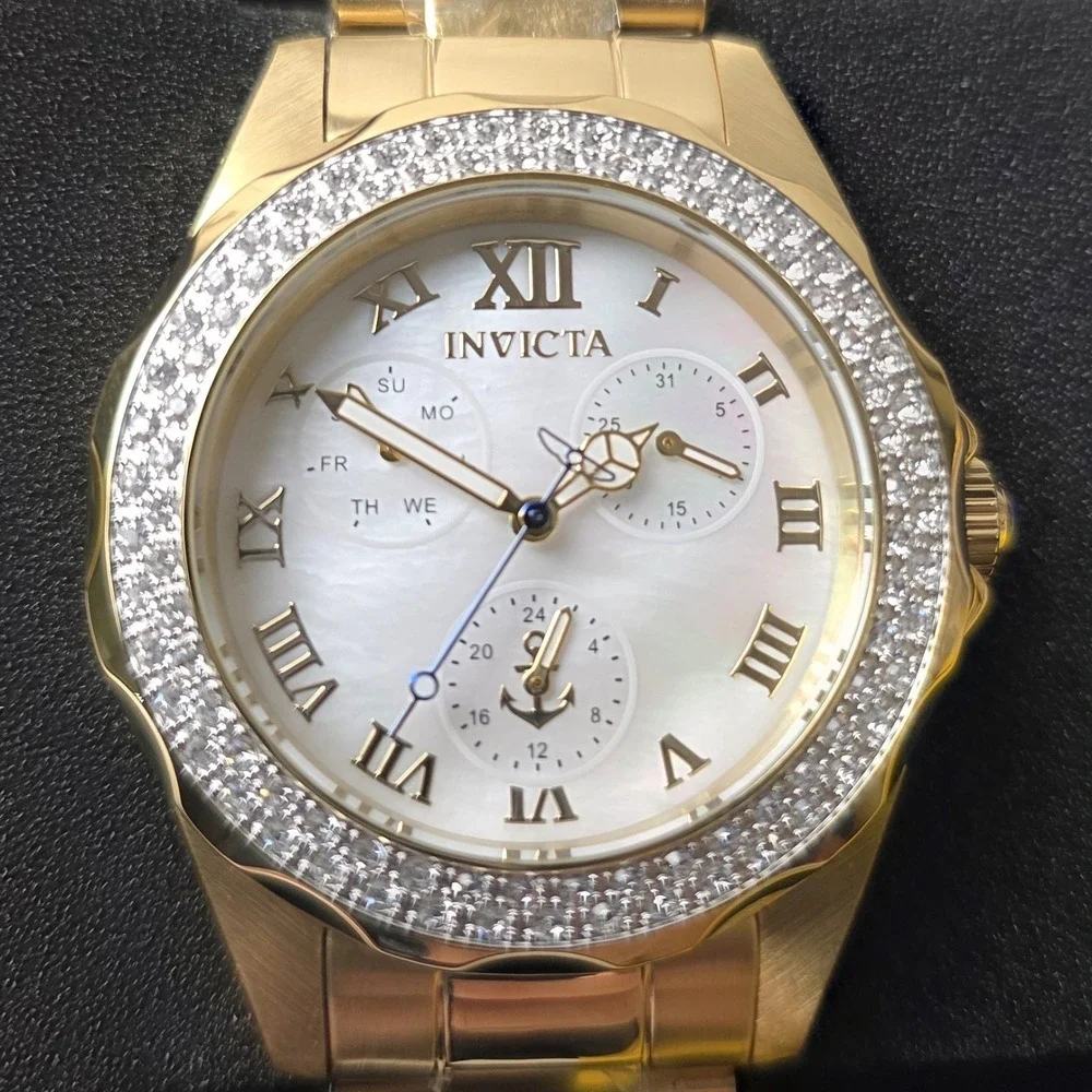NEW OCEAN VOYAGE Lady Model 47700 Mother of Pearl Dial Quartz Gold #0402